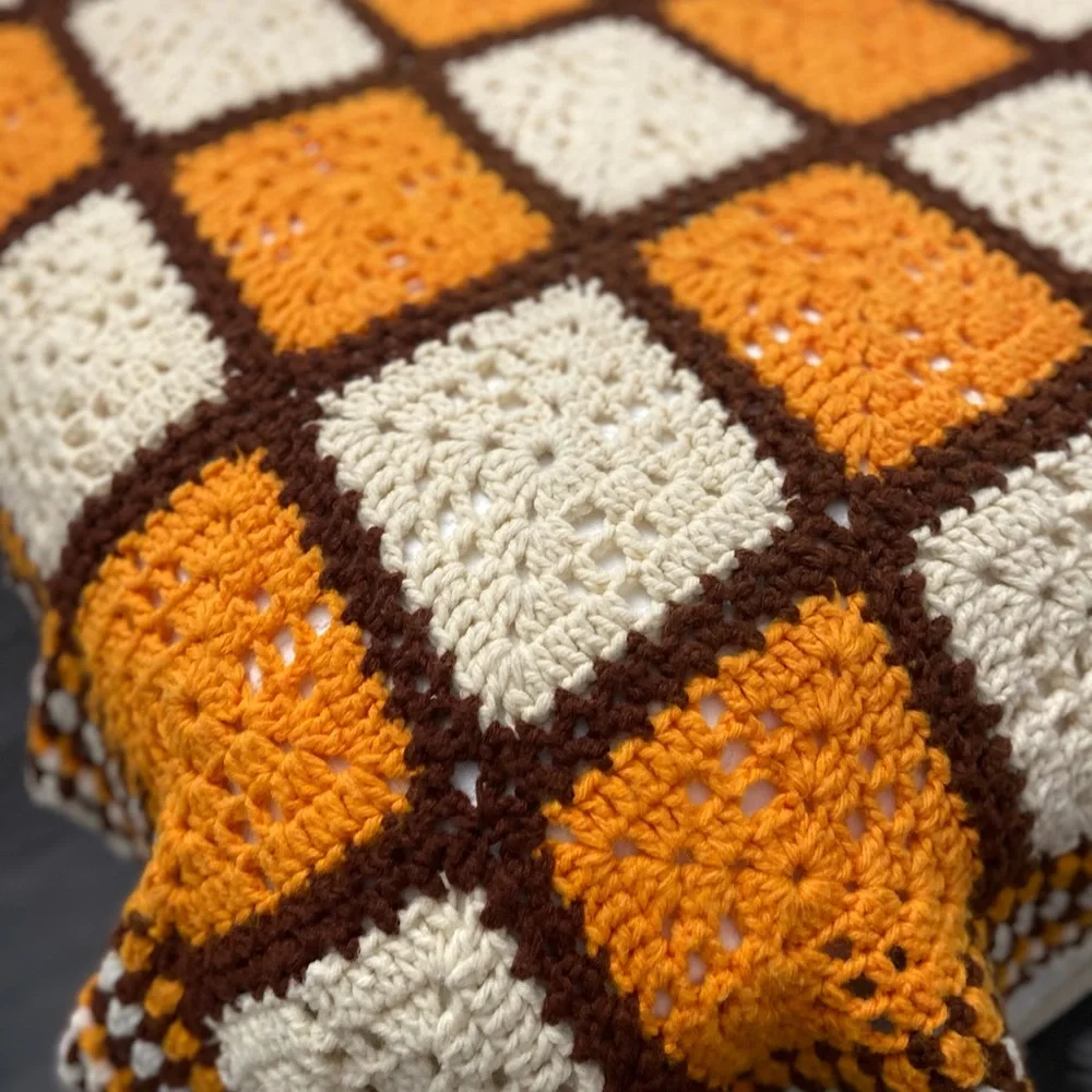 Handmade Orange and Cream Crochet Granny Square Throw - Brand